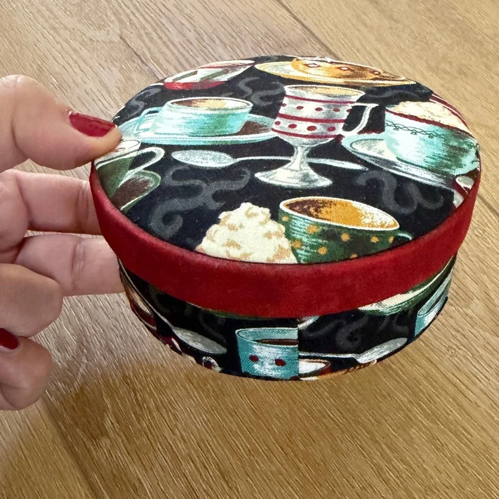 Handmade Fabric Coffee Tea Cup Trinket Box Round Red Velvet Trim Keepsake Case
